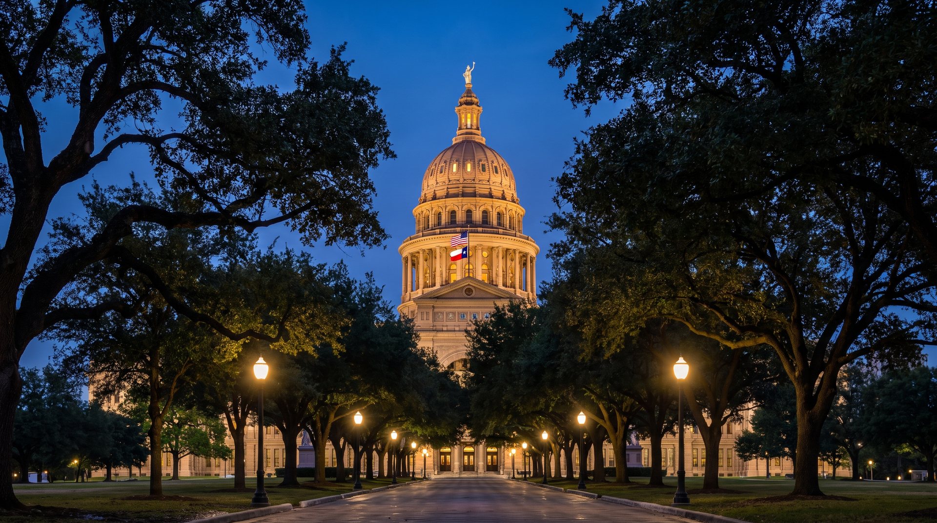 The Texas State Capitol in Austin, Texas at dusk